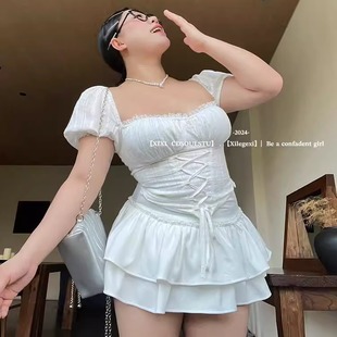 300斤加大码夏季胖mm法式纯欲系绳上衣套装收腰蛋糕半身裙两件套