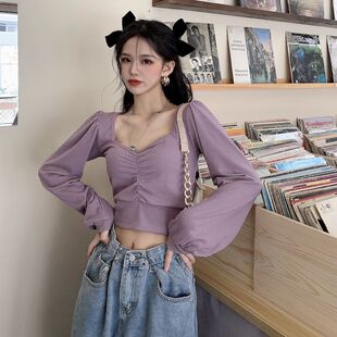 小衫 宽松大码 上衣女秋泡泡风多搭别致长袖 短款 胖mm300斤紫色法式