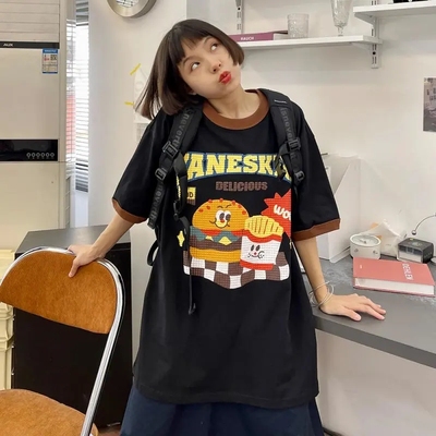 宽松大码胖mm300斤卡通印花短袖T恤女夏季bf美式复古学生可爱上衣