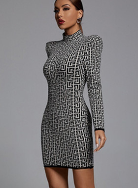 新品黑色提花品质时尚长袖弹力显瘦绷带裙Bandage欧美名人礼服