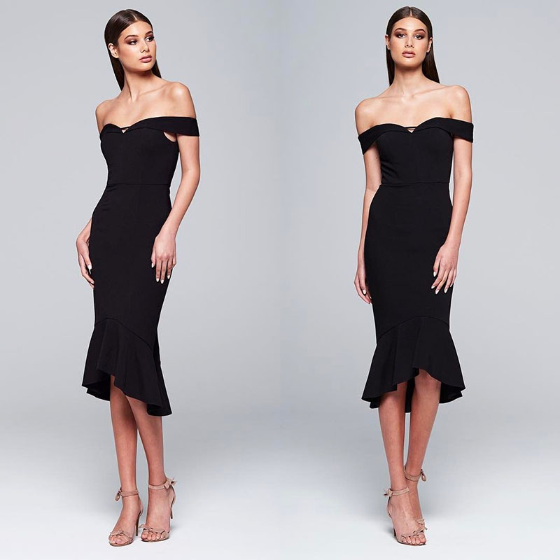 一字肩复古风鱼尾摆绷带晚会礼服