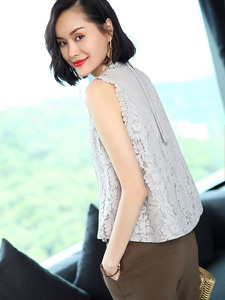 AIMITAG圆领蕾丝衫女2021夏季新款A型气质显瘦薄款雪纺无袖上衣女