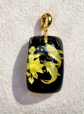 天然琥珀蜜蜡阴雕万能扣头吊坠，送蜡绳