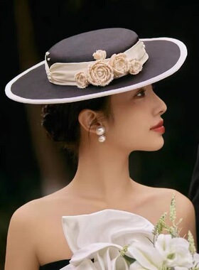 优雅复古风赫本风山茶花礼帽子女英伦法式时尚样片造型黑色大檐帽
