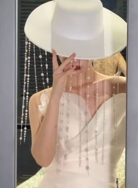 法式名媛珍珠链条平顶羊毛呢礼帽