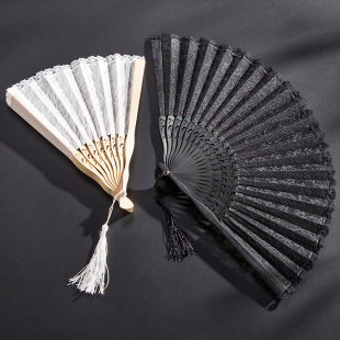 古风复古中国风扇子lolita黑色蕾丝折扇旗袍女士日式 舞蹈棉麻扇