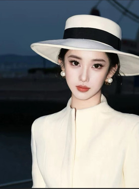 英伦白色宽檐平顶礼帽女百搭帽子