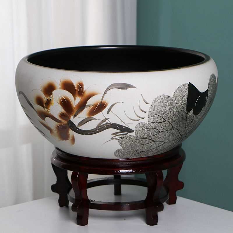 阳台桌面陶瓷金鱼缸荷花缸睡莲花盆水培古法水浅笔洗茶洗铜钱草盆