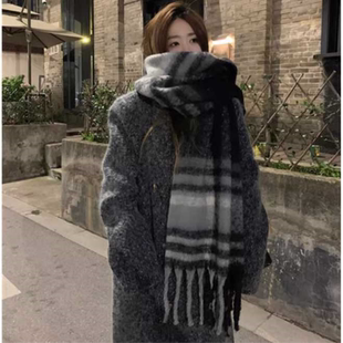【大克重320克】格子仿羊绒围巾秋冬男款流苏加厚保暖围脖女冬季