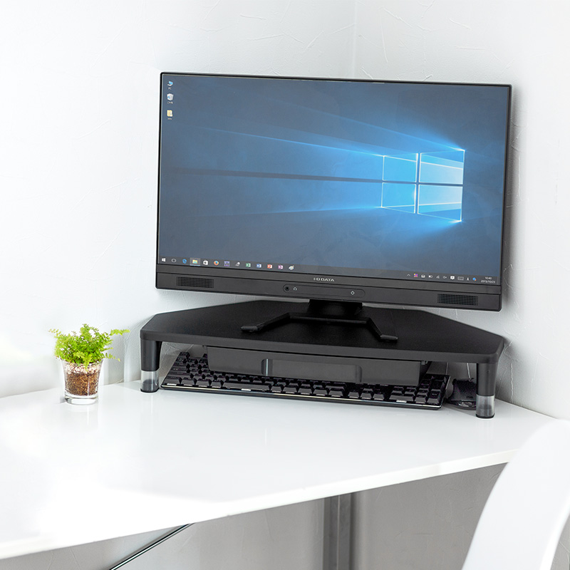 日本SANWA山业转角桌桌上架显示器垫高架收纳架键盘收纳桌面整理支架黑色附带便利抽屉