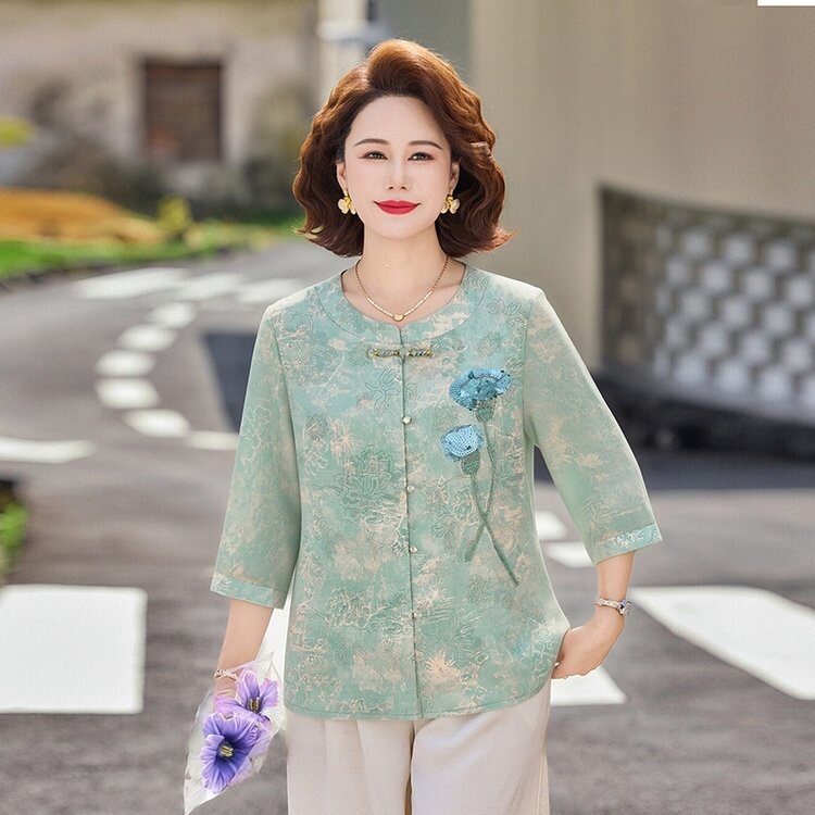 新中式国风短袖上衣服女中老年人妈妈时尚T恤小衫洋气质夏装上衣