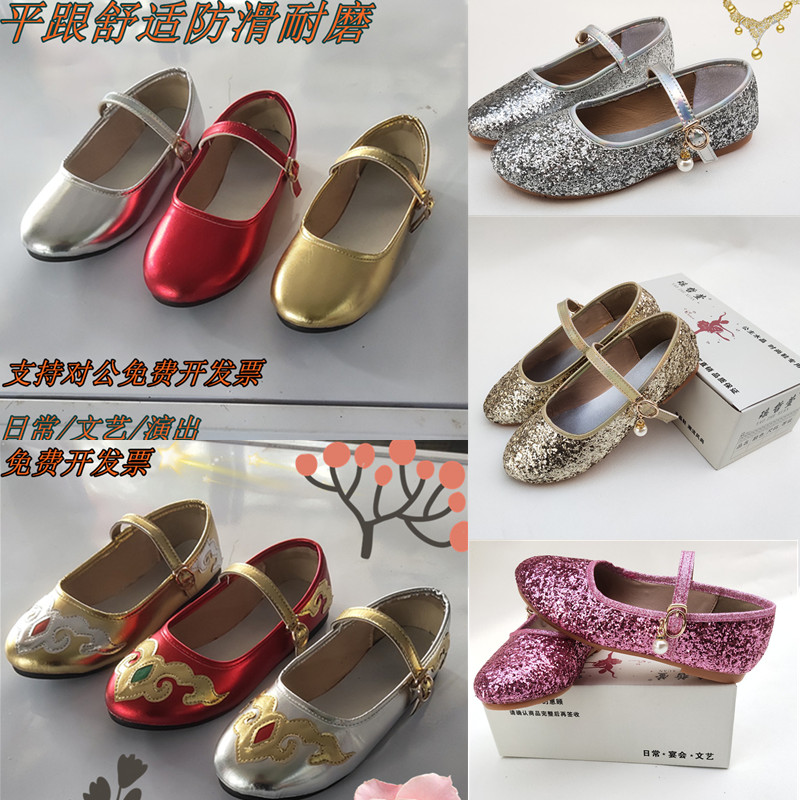 儿童平底秋鞋小公主软底鞋银色亮片女童舞蹈主持走秀礼服演出单鞋