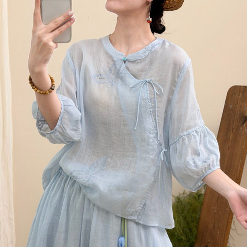 园园美衣2026夏季新品纯苎麻衬衫女装新中式苎麻宽松短袖苎麻小衫