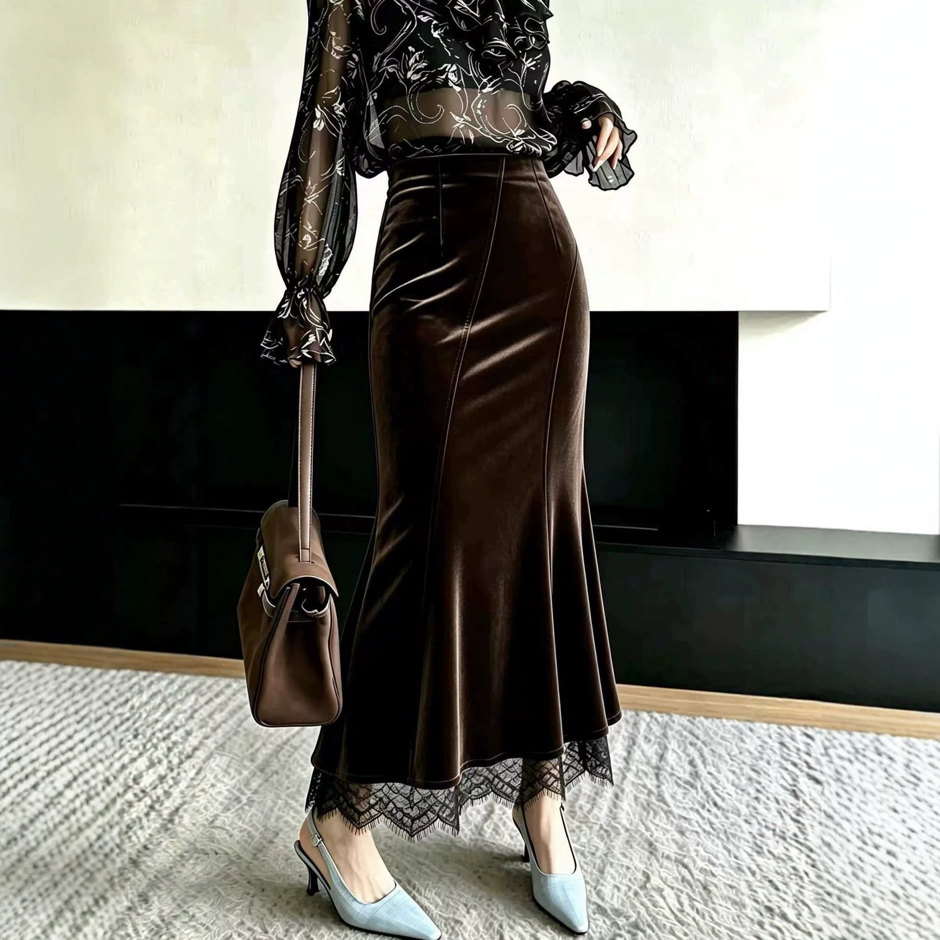 园园美衣气质百搭高腰纯色显瘦包臀鱼尾醋酸丝绒半身裙女