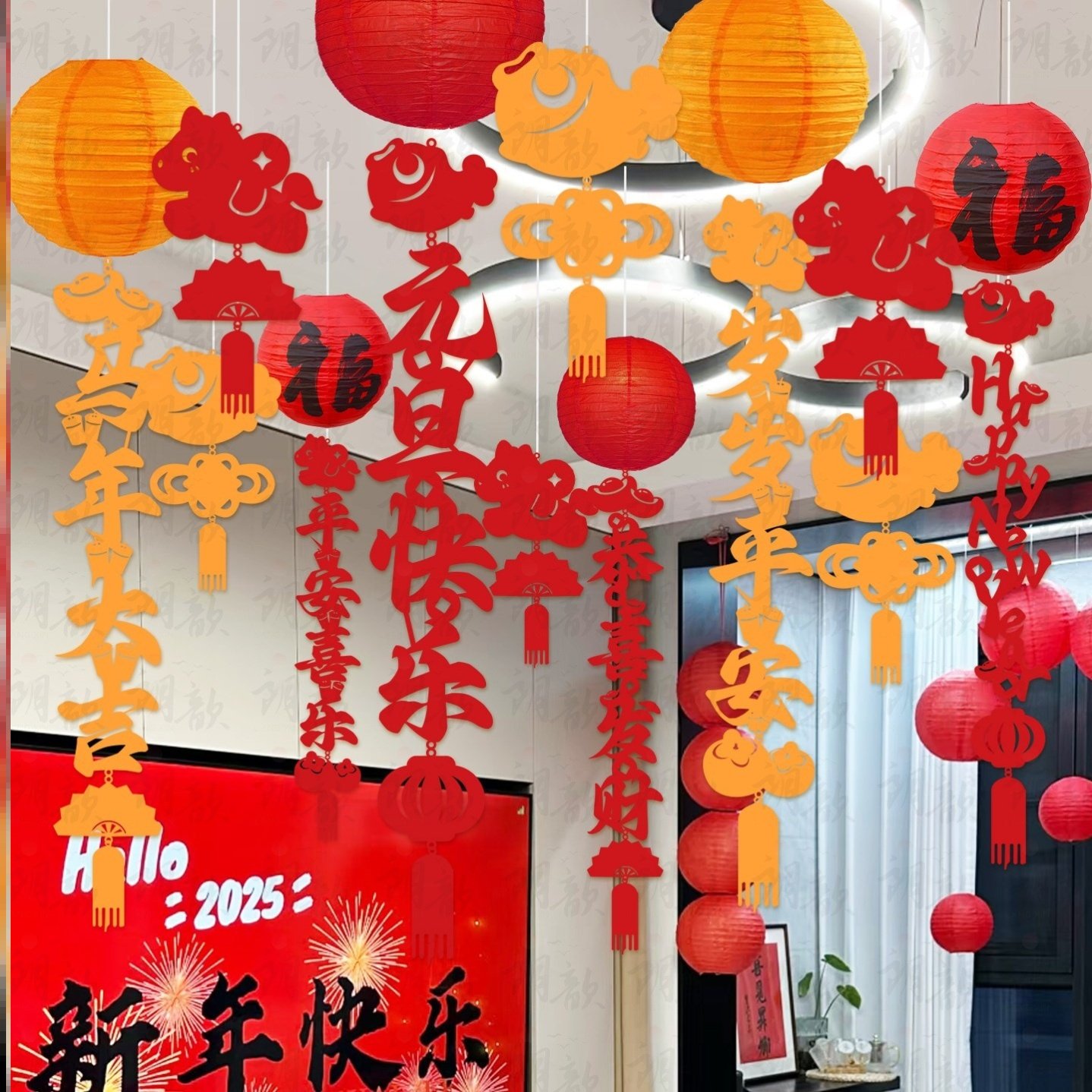 春节元旦新马年装饰氛围场景布置商场学校吊顶拉花灯笼无纺布挂饰