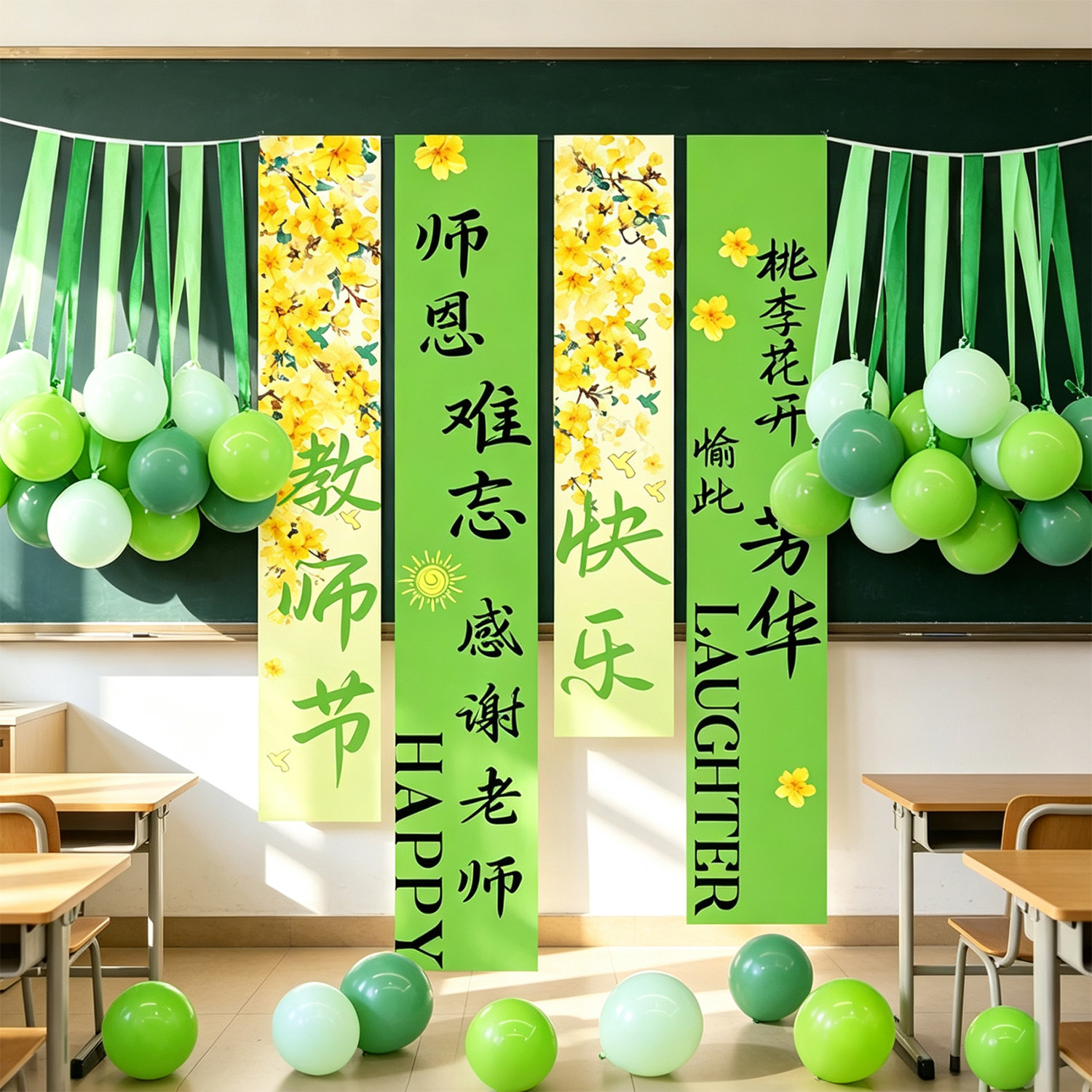 教师节挂布条幅装饰背景拉花感恩老师氛围场景布置幼儿园教室拍照图片