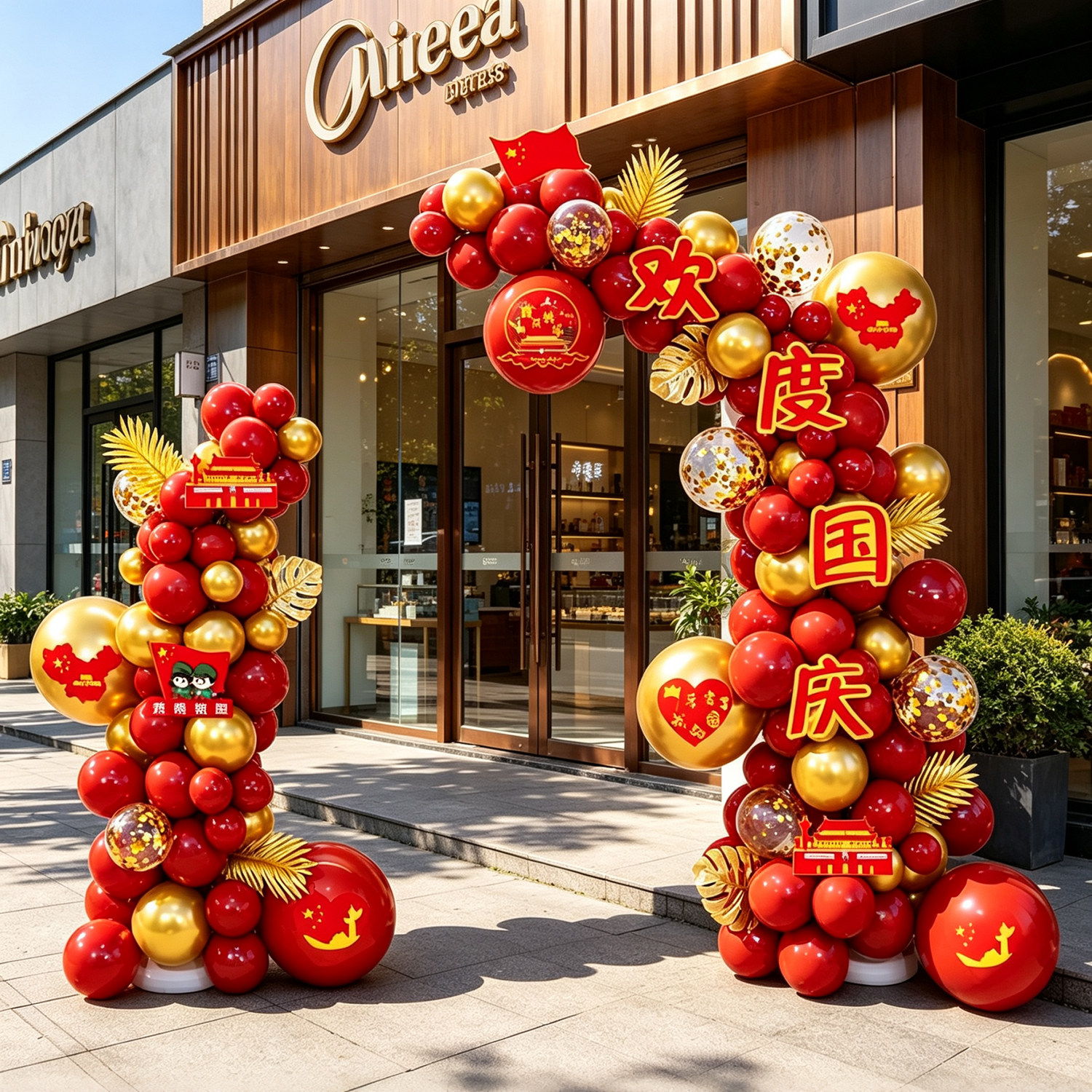 中秋国庆节红色气球拱门门店布置