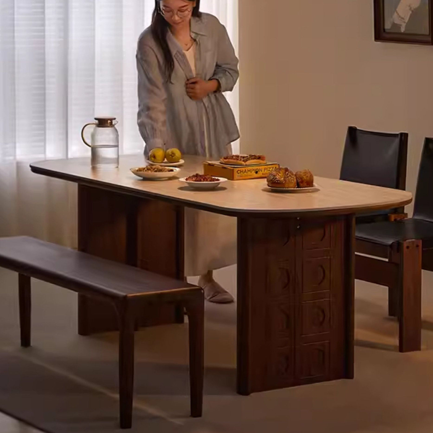 黑胡桃木实木餐桌中古风家用小户型洞石岩板吃饭桌2025新款可定制,住宅家具,实木餐桌,淘宝优惠券,粉丝福利购,淘宝优惠卷