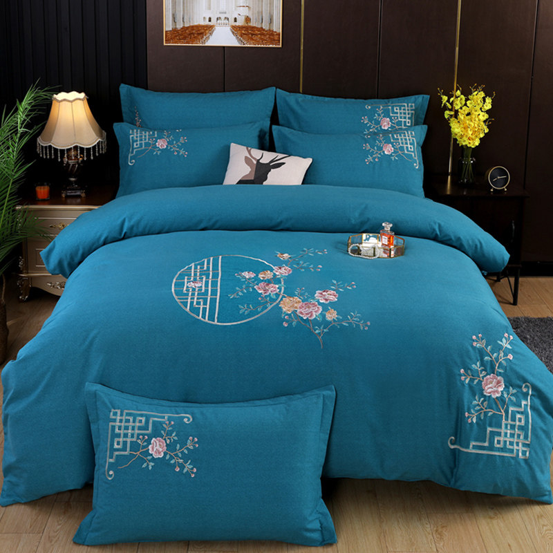 全棉60支磨毛加厚高档刺绣套件新中式床单被套床上用品春秋款南通