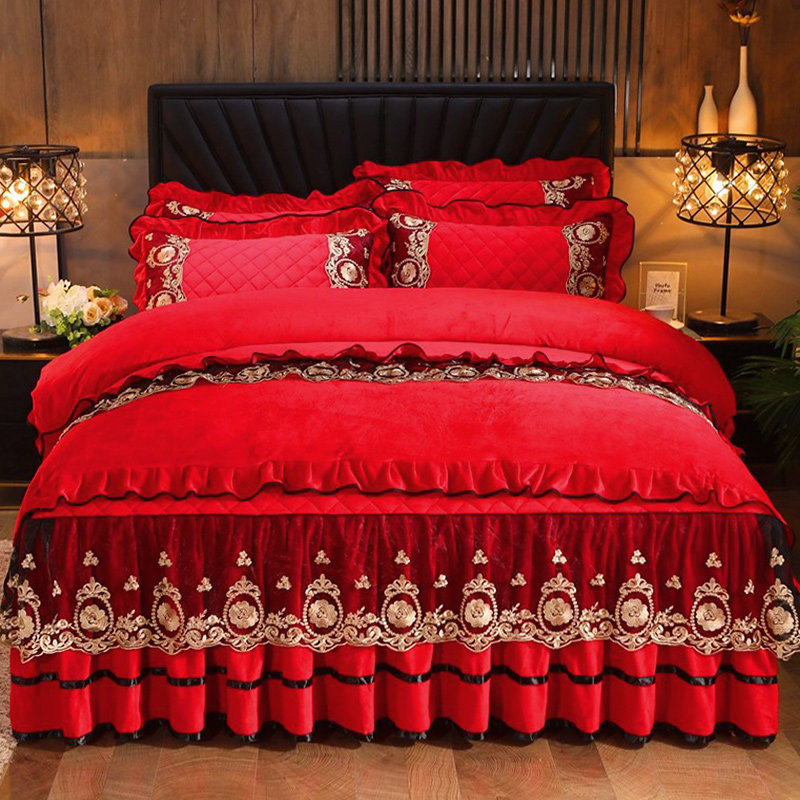 大红色结婚庆加绒法兰绒牛奶绒床上四件套冬季珊瑚绒被套冬天加厚