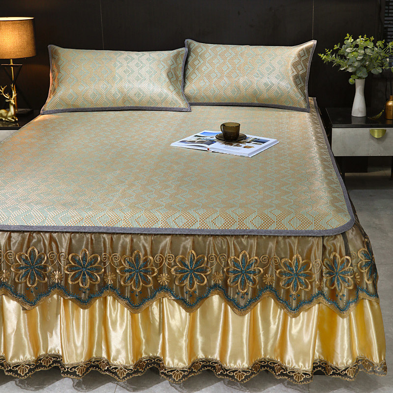 欧式夏季天裸睡凉席冰丝席可水洗藤席三件套床裙式空调软席可折叠