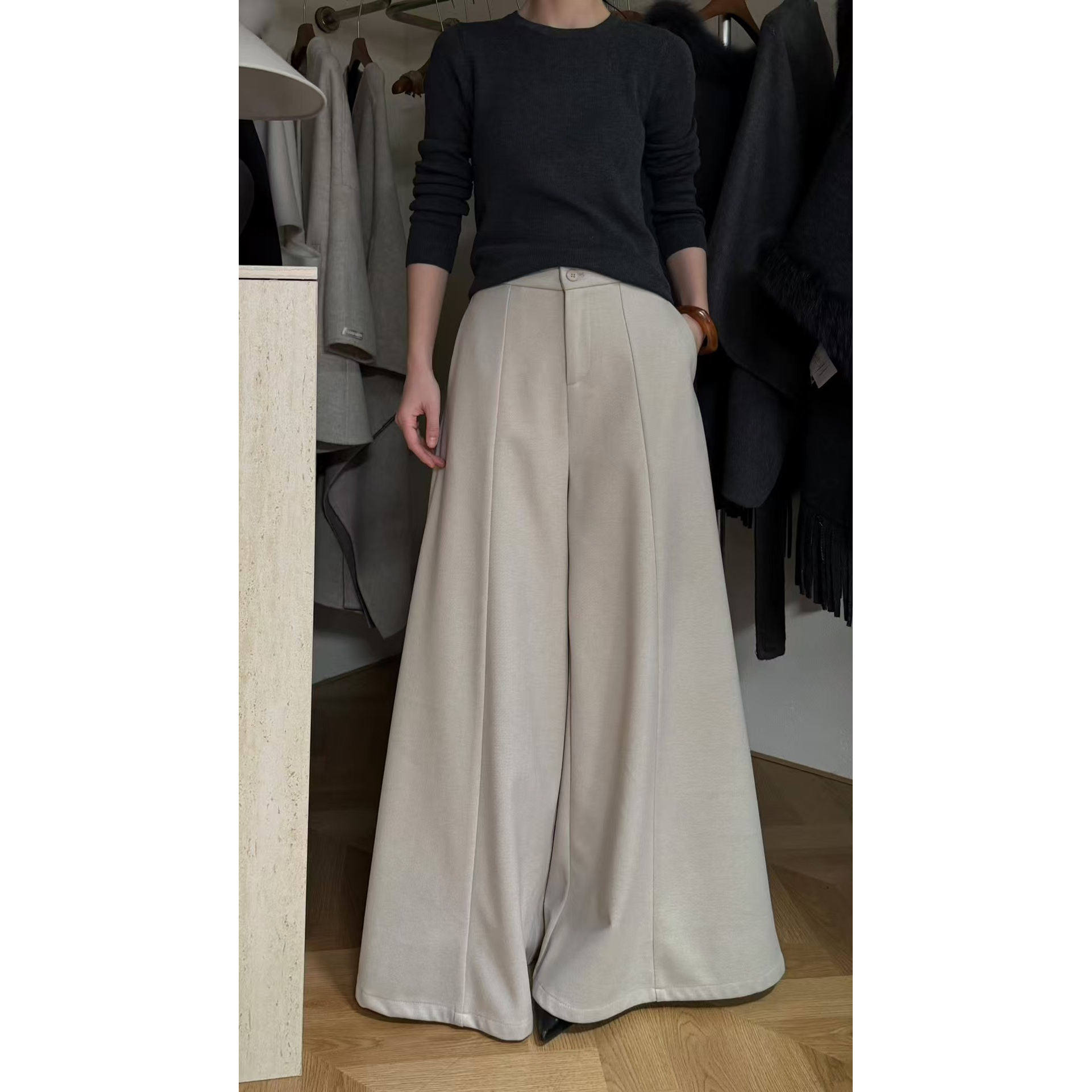 极简风高腰大甩阔腿裤女冬季加厚磨毛宽松垂感显瘦休闲喇叭长裤子,女装/女士精品,休闲裤,淘宝优惠券,粉丝福利购,淘宝优惠卷