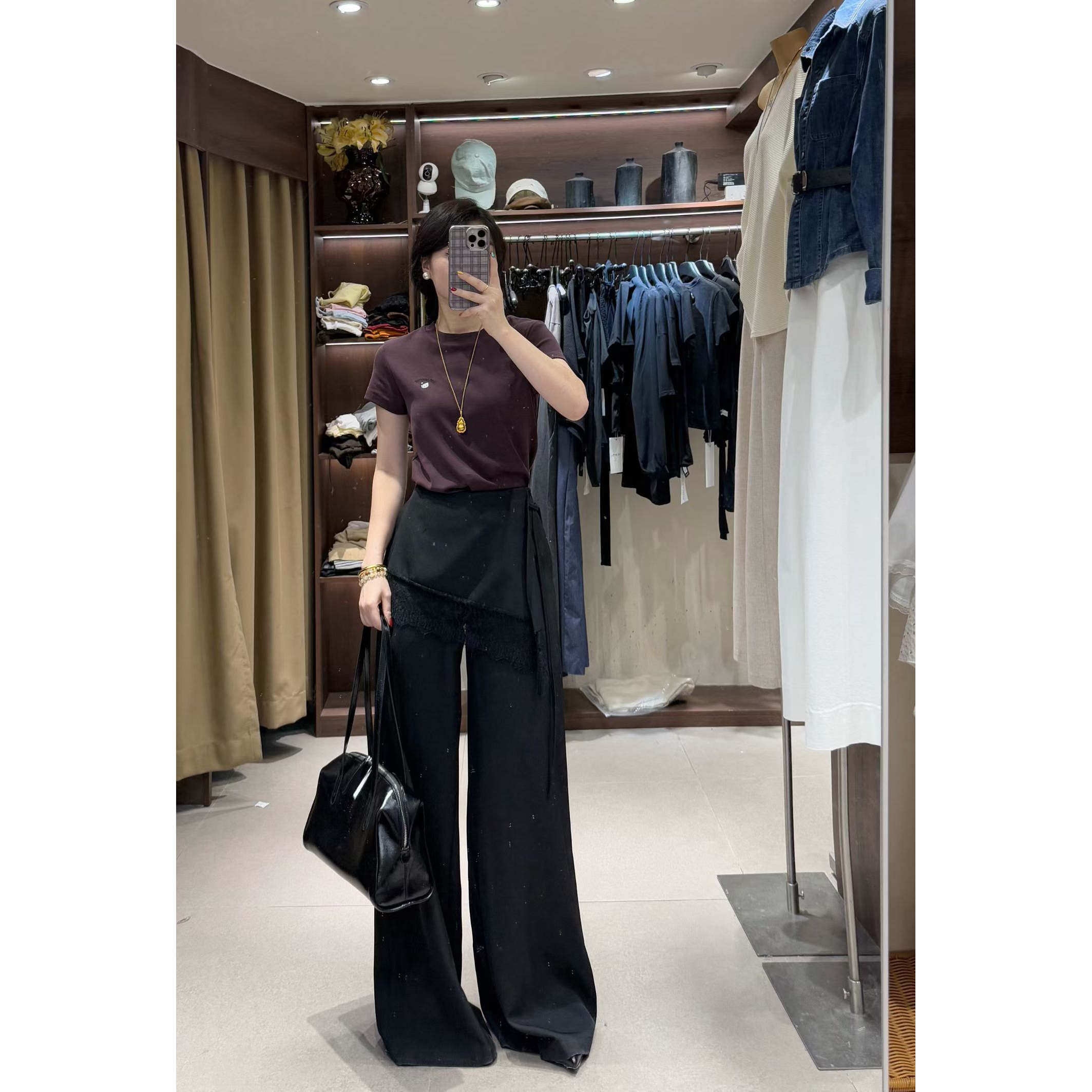 高腰两件套屁帘西装阔腿裤女春夏垂感显瘦通勤围裙蕾丝边直筒裤子