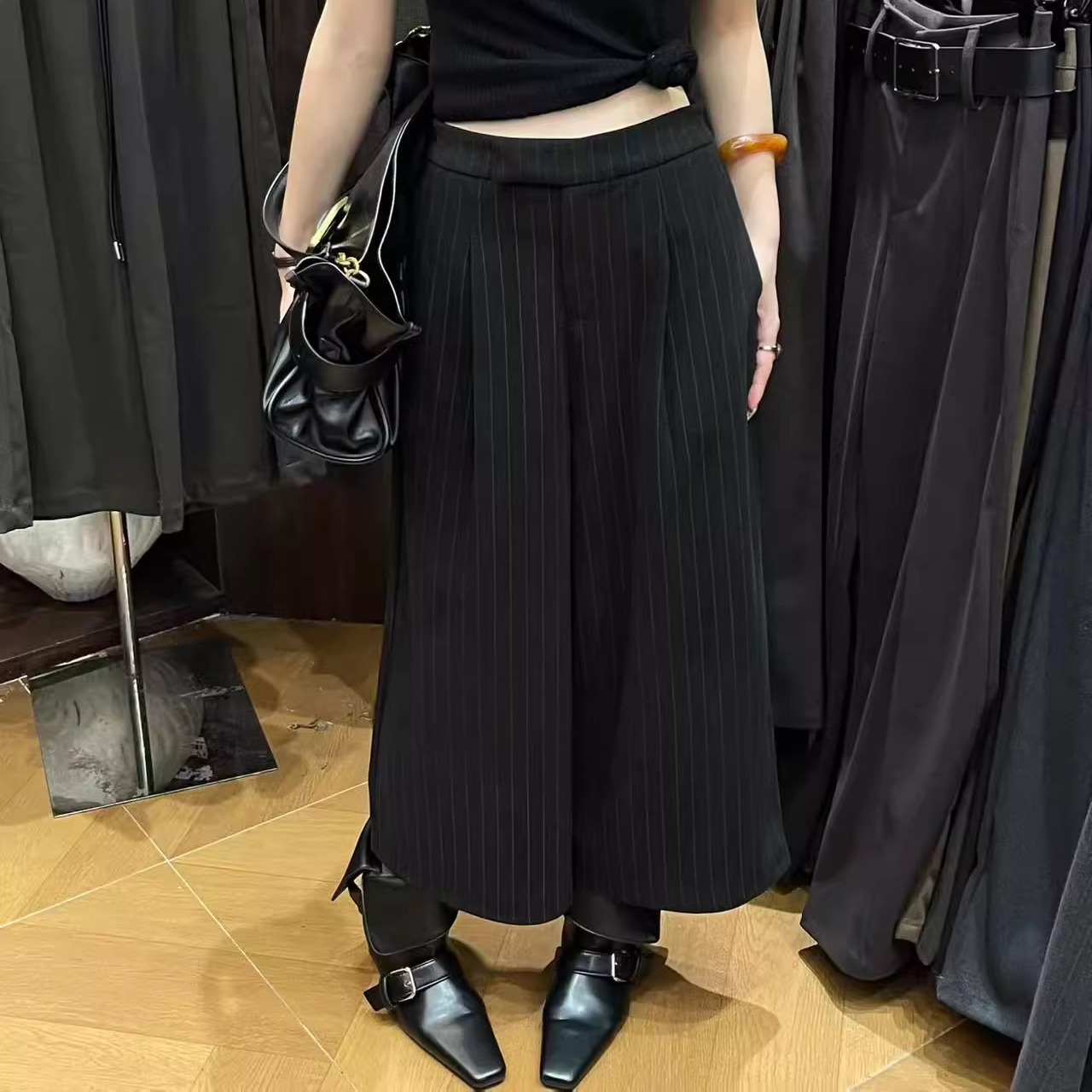 高腰梨形条纹阔腿裤女冬季加厚