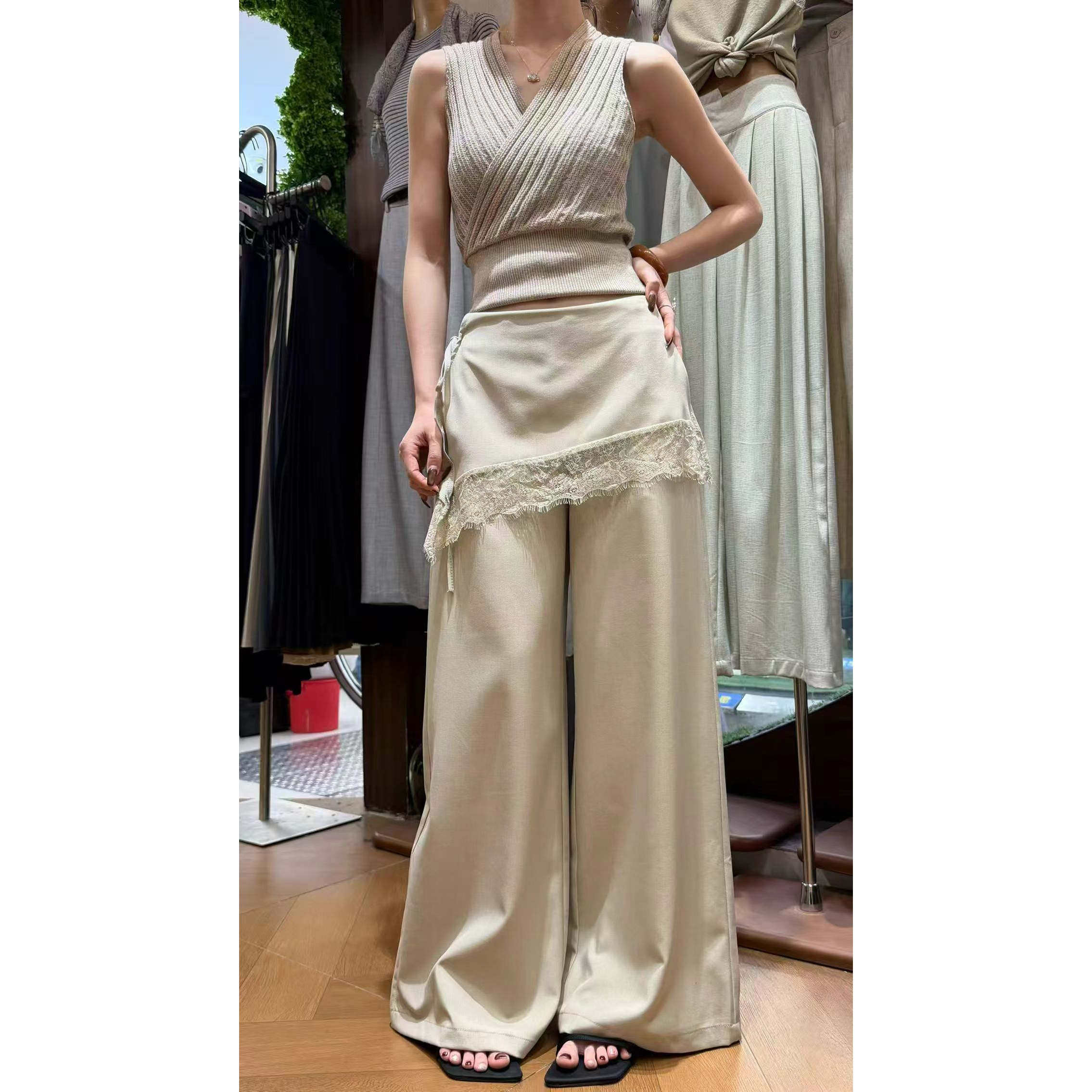 高腰系带屁帘西装阔腿裤女春夏季薄款垂感显瘦围裙蕾丝边阔腿裤子