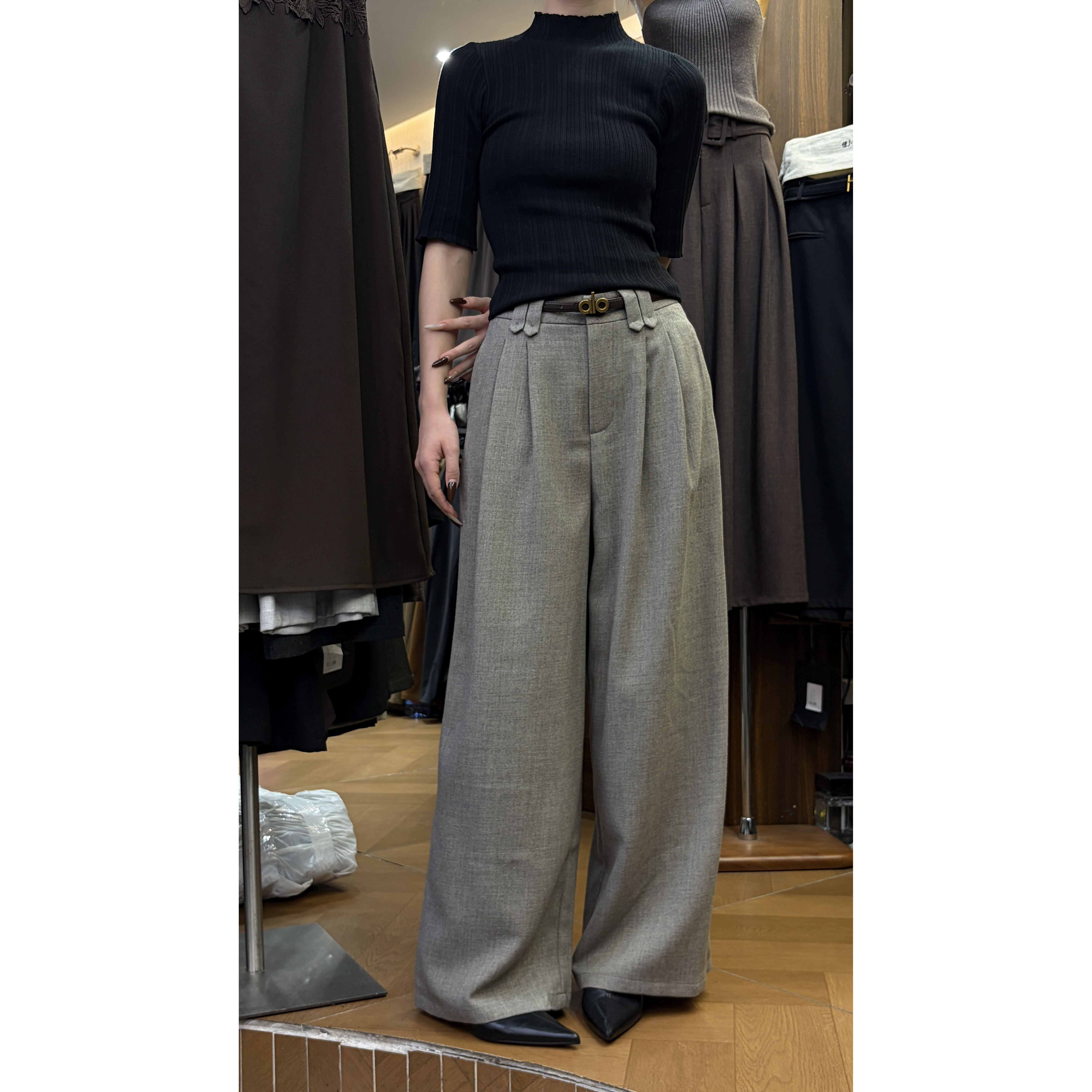 通勤风巨好看高腰呢子西装阔腿裤女秋冬季保暖毛呢显瘦百搭休闲裤