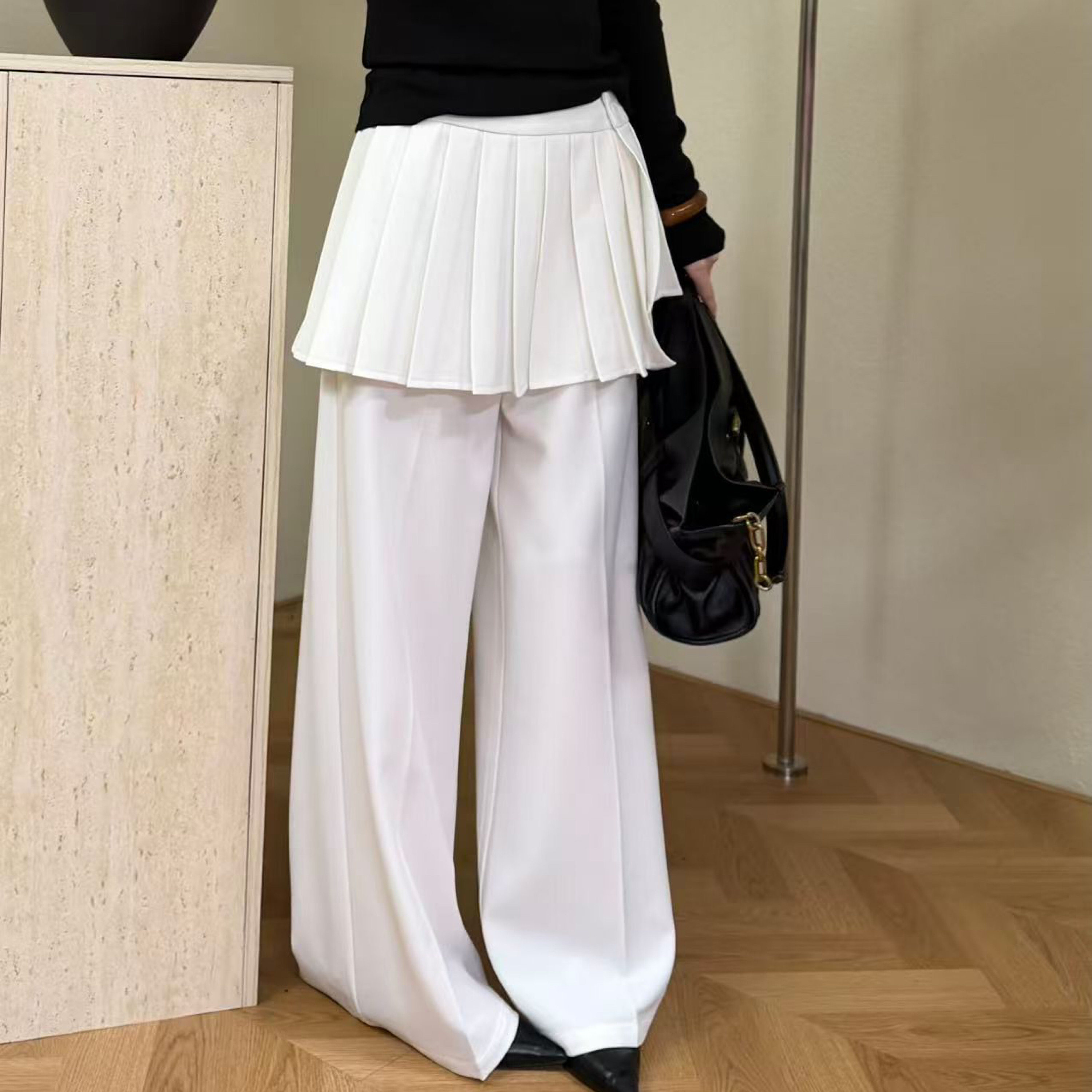 高腰韩版真两件屁帘西装阔腿裤女春夏显瘦白色百褶裙裤直筒休闲裤