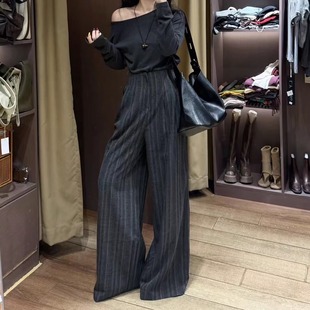 复古高腰显瘦设计感竖条纹阔腿裤女秋冬季韩版西装裤长款拖地裤裙