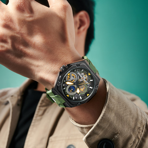 FILA斐乐正品男款手表潮流简约运动黑金机械表镂空男士腕表6683