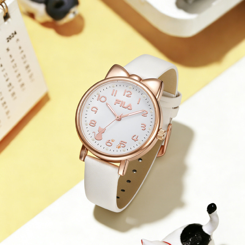 FILA斐乐手表女学生初高中可爱风猫耳设计感石英腕表静音礼物6857