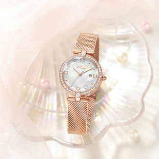 FILA斐乐编织钢带小圆盘女表幻彩贝母面轻奢防水女士手表腕表6708