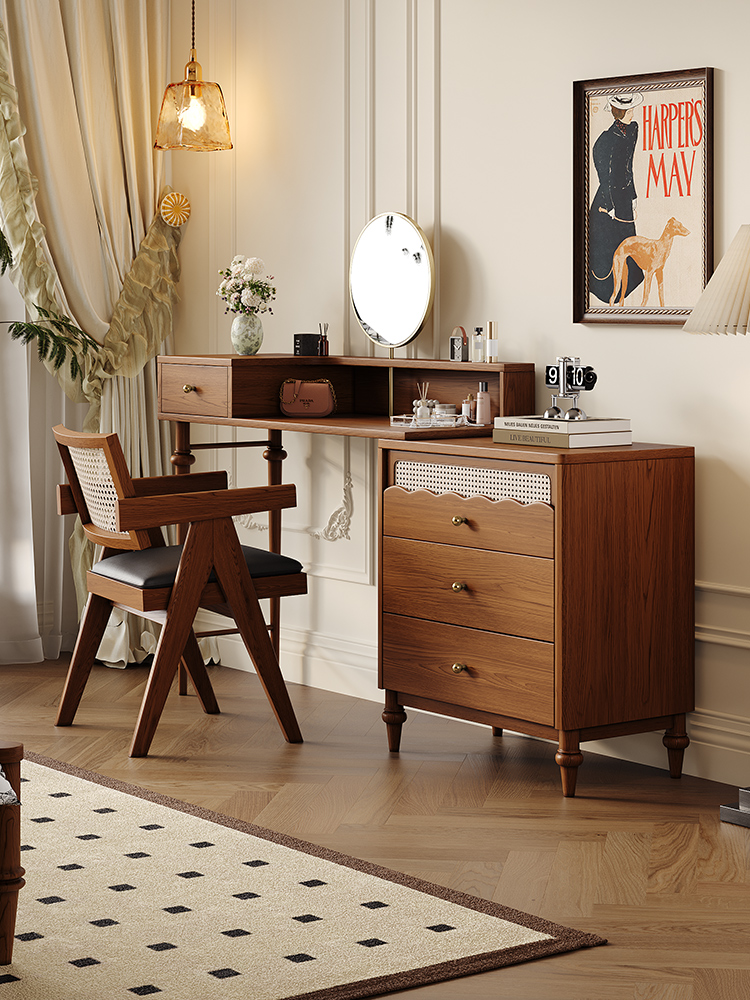 法式覆古实木梳妆台，简易卧室可伸缩梳妆台，角落储物柜，一体化