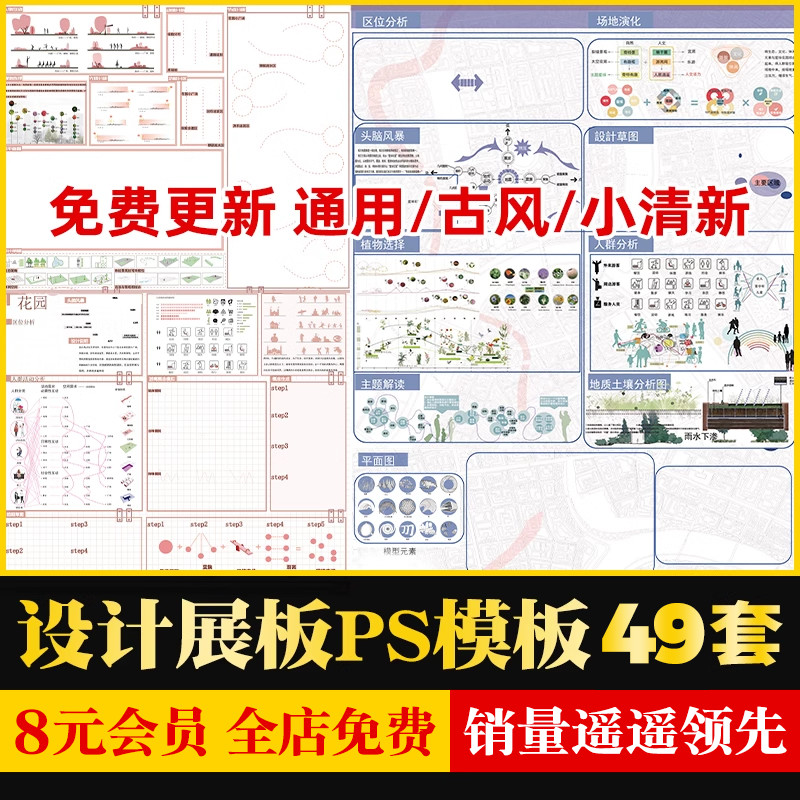 小清新竞赛风古风环艺建筑园林景观设计竖版展板排版模板psd素材