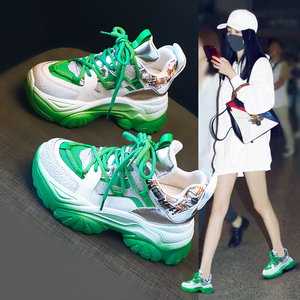 绿色内增高老爹鞋女ins潮2023夏季新款网红炸街小个子8cm真皮单鞋