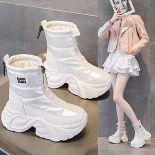 白色雪地靴女款2025新款冬季加绒内增高10cm厚底短靴中筒保暖棉鞋