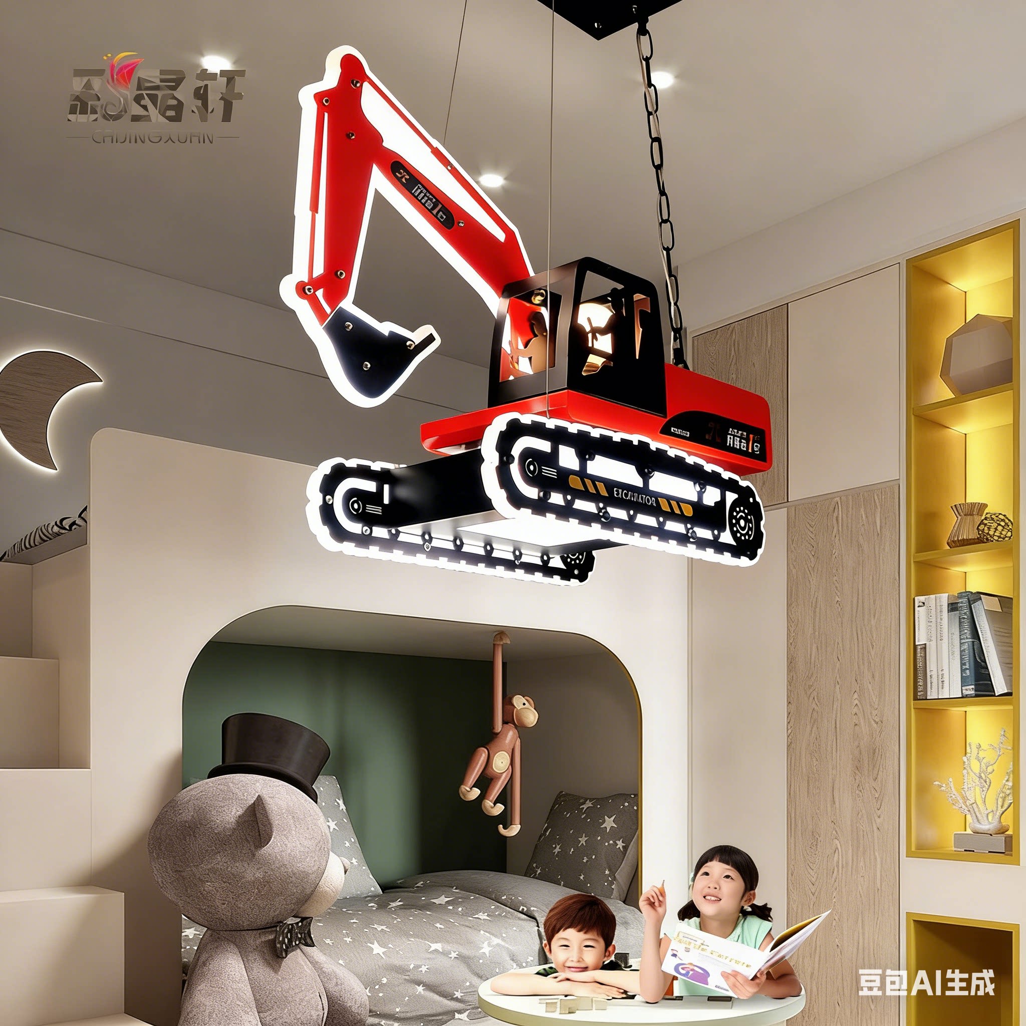 儿童房灯挖机吊灯男孩房间卧室灯工业风卡通汽车儿童主题装饰灯具