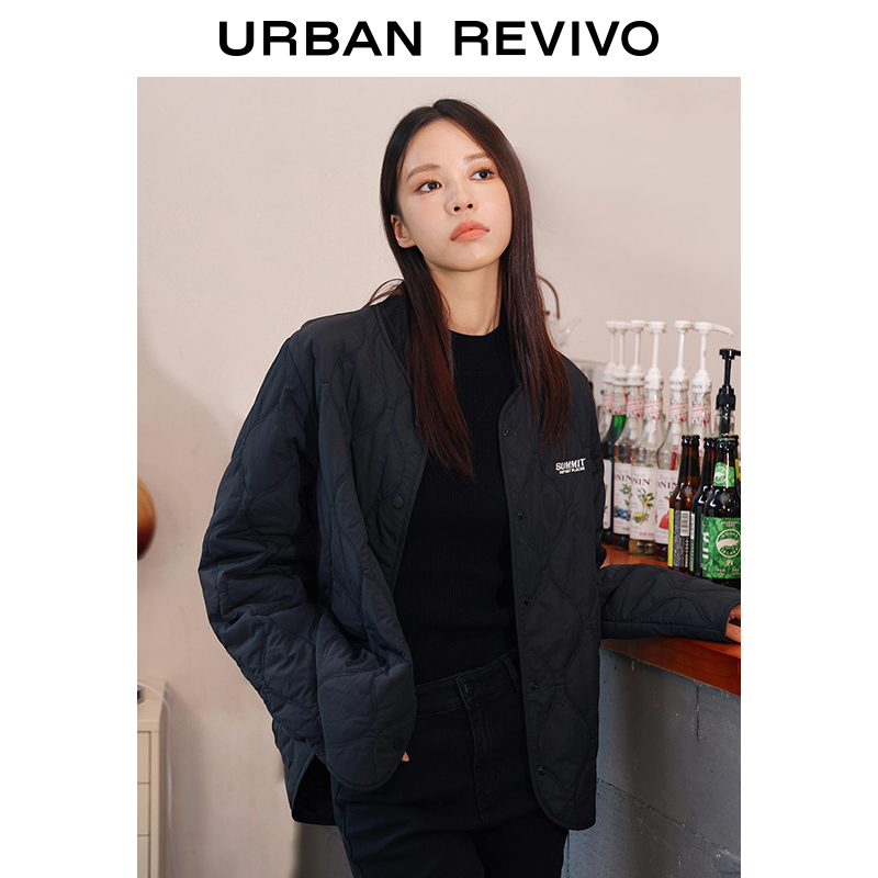 UR2023秋冬新款女装时尚休闲百搭英文刺绣绗缝棉服外套UWV130015