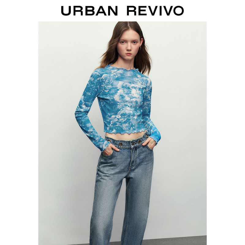 UR2023秋冬新款女装时尚休闲复古时髦印花紧身长袖T恤UWL430059