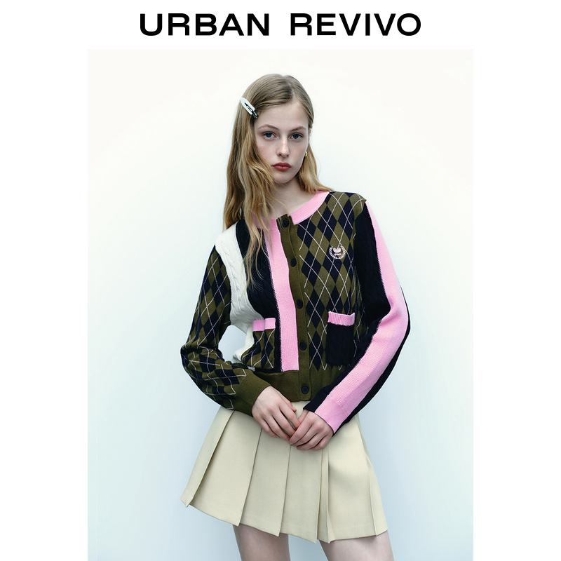 UR2023秋季新款女装休闲复古时髦菱格针织衫开衫外套UWU930018