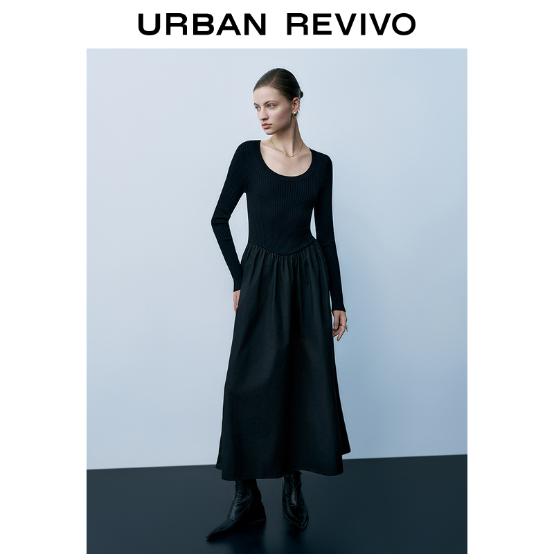 UR2023秋冬新款女装时尚休闲百搭拼接紧身小小织连衣裙UWG930128