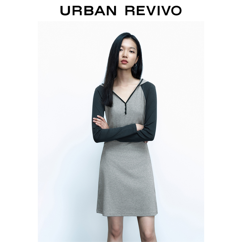 UR2023秋冬新款女装休闲时髦运动风撞色连帽长袖连衣裙UWV730036