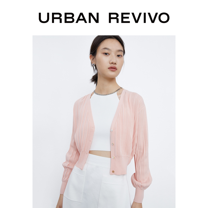 UR秋季新品女装V领罗纹BM风薄款针织开衫外套 YU35R9DE2000