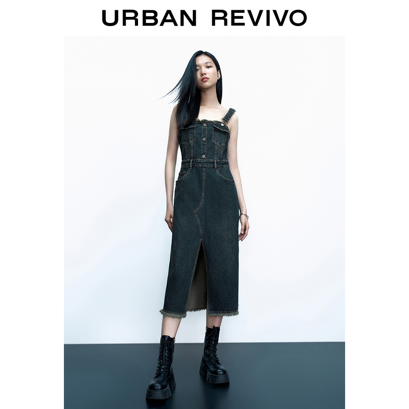 UR2023秋季新款女装复古辣妹风百搭毛边开衩牛仔连衣裙UWV830037