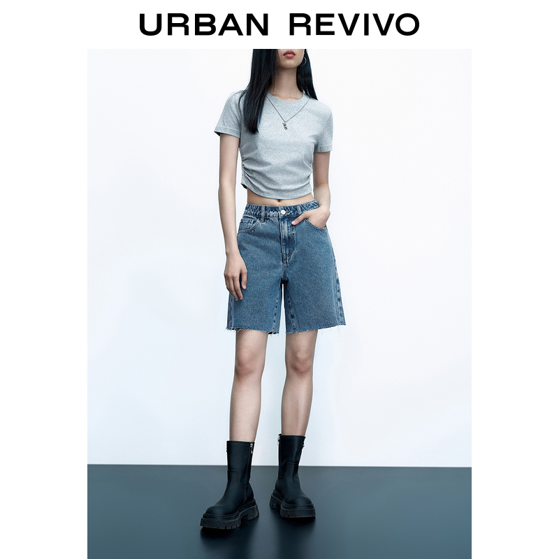 UR2023秋季新款女装休闲时髦经典百搭毛边宽松牛仔短裤UWV830036