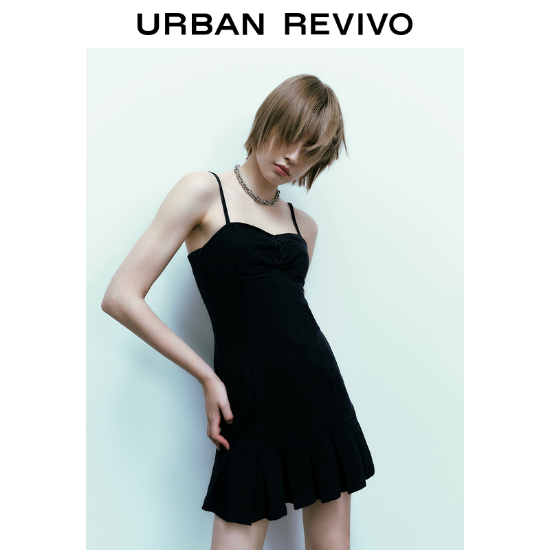 UR2023夏季新款女装复古甜辣风压褶牛仔吊带宝藏连衣裙UWV832189