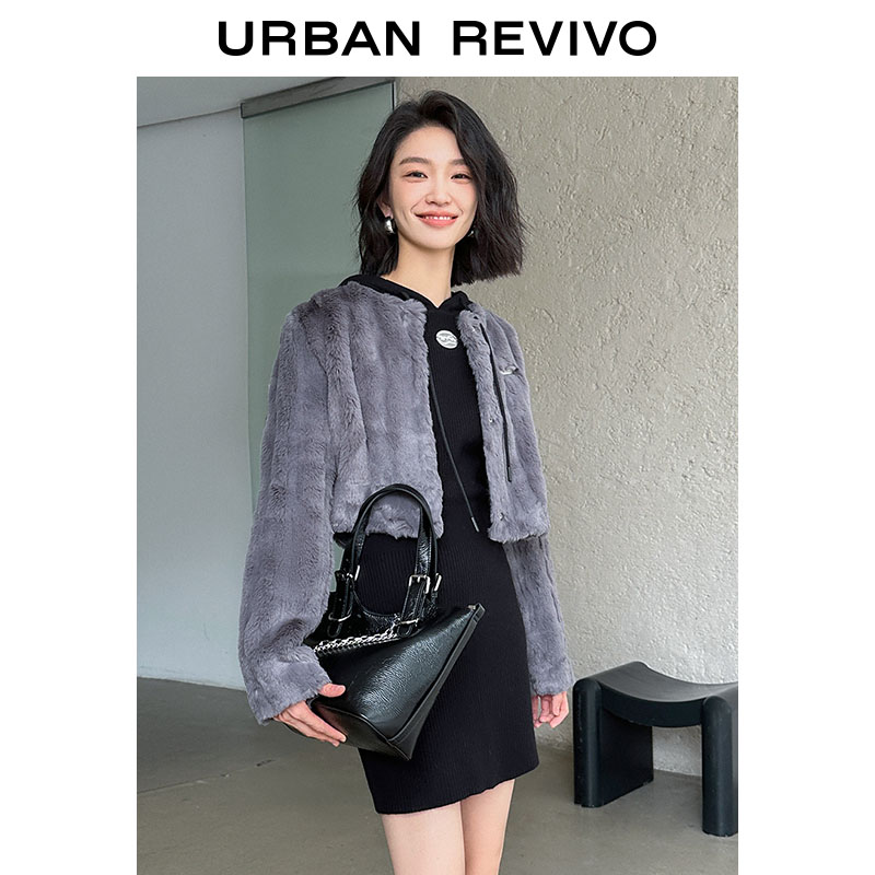 UR2023秋冬新款女装时尚轻熟名媛高级质感毛绒圆领外套UWV130001